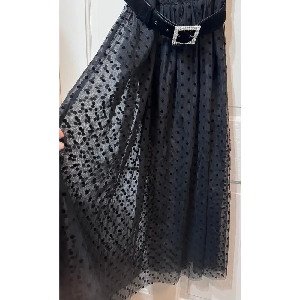 NWT Rebecca Vallance Black Sheer Tulle Belted Bodysuit Midi Tiffani Dress Size 8 - Picture 7 of 16